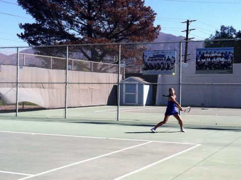 Makayla Byerly, junior, returns a lob from Simi Valley's team. Byerly and the Scorps went on to win the match.