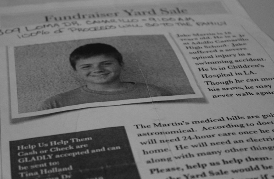 Fundraising flyers for a yard, rummage and bake sale raising funds for Jake Martin, were distributed all over Cam High. Martin is at Childrens Hospital Los Angeles recuperating from a diving accident.