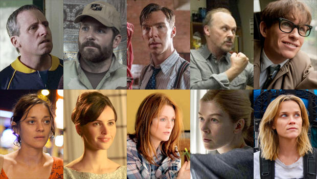 Academy Award nominees for Best Actor, from top left: Steve Carell, Foxcatcher; BradleyCooper, American Sniper; Benedict Cumberbatch, The Imitation Game; Michael Keaton, Birdman; and Eddie Redmayne, The Theory of Everything. Best Actress nominees are Marion Cotillard,Two Days, One Night; Felicity Jones, The Theory of Everything; Julianne Moore, Still Alice; Rosamund Pike,Gone Girl; and Reese Witherspoon, Wild.