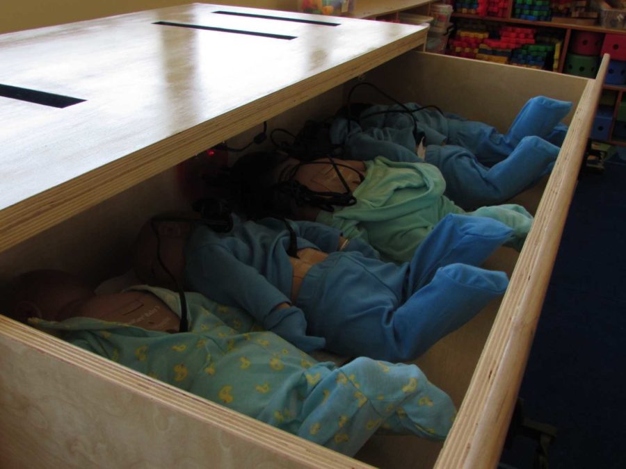 The child development babies sleeping in their new charging station.