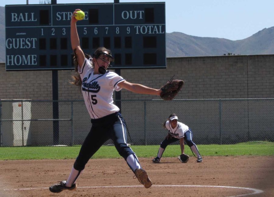 Emily Orosco, senior, pitching at a game versus Saugus.