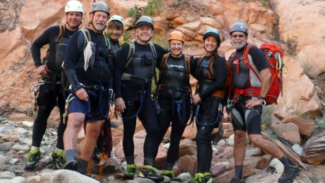 National PArk 7 hikers standing before Keyhole Canyon on the day of its flooding. From left to right: Gary Favela, Don Teichner, Muku Reynolds, Steve Arthur, Linda Arthur, Robin Brum, and Mark MacKenzie.