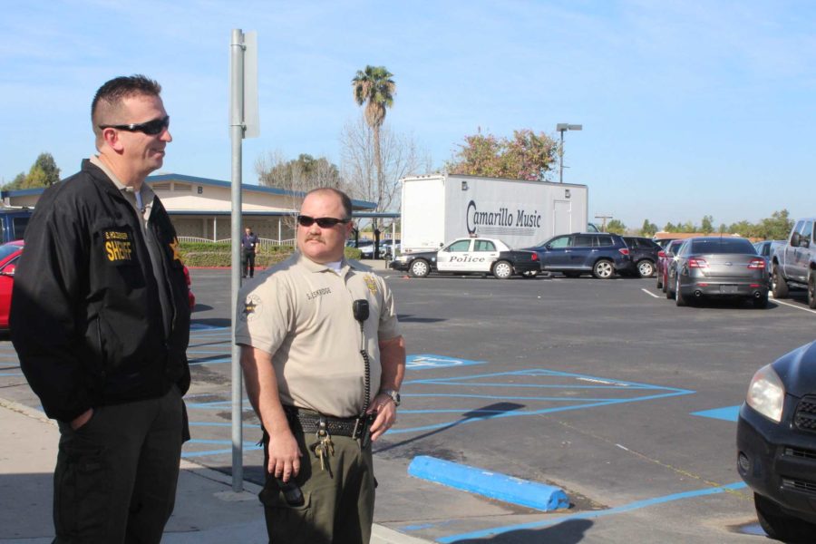 Ventura County Sheriff's deputy and school resource officer Sean Eskridge partners with another Ventura County sheriff from the Camarillo Police department to patrol campus after the threat made through graffiti in the girl's C bathroom.