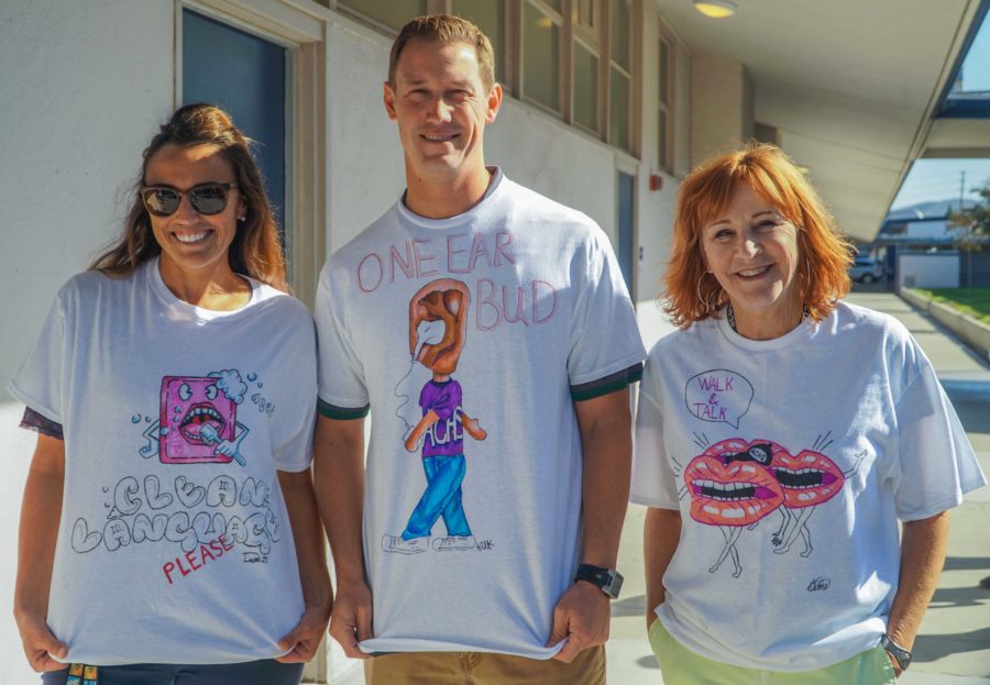 (From left to right) Mrs. Tawney Safran, Mr. Matthew Doyle and Mrs. Bonnie Mills promoting their PBIS t-shirts.