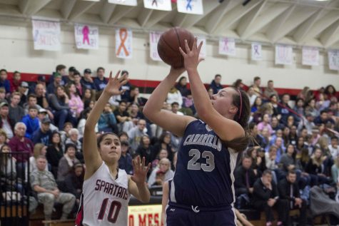 Senior Cameran Bahnsen shoots the basketball over a defender.