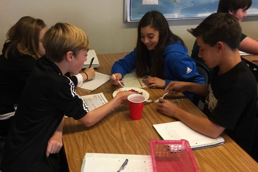 Freshmen students (from left to right) Tabitha Ebright, Zachary Kwast, Jacqueline Pizza, and Bryce Blau using skittles for an activity about ethnicity in AP Human Geography.