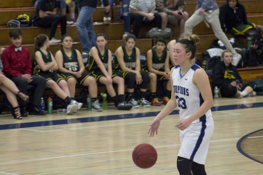 Junior Madeline Weight dribbles the ball up the court.