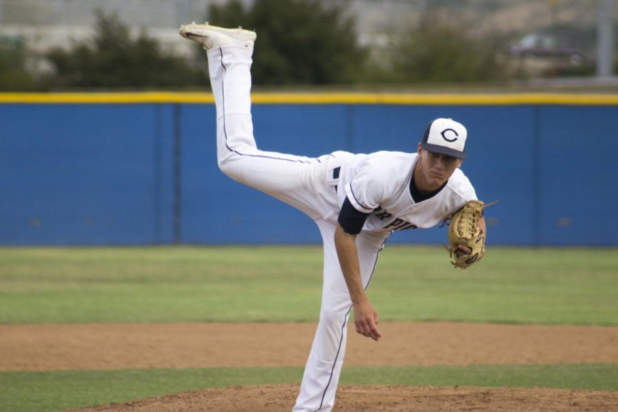 Andrew Lucas, junior, pitcher of Cam Highs baseball varsity team releases the ball during the Oak Park game.