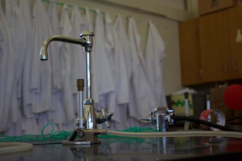 Chemistry lab tables in Mrs. Connie Su's classroom.
