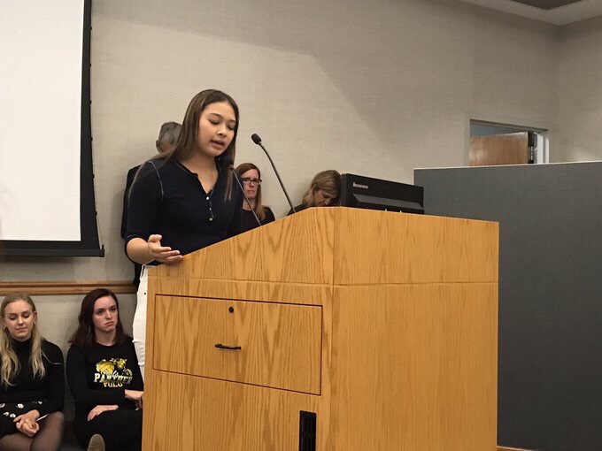 Newbury Park High School student Tam Le speaks out against the newly installed amendment regarding censorship at a district board meeting.
Photo courtesy of @ReporterDawn on Twitter.