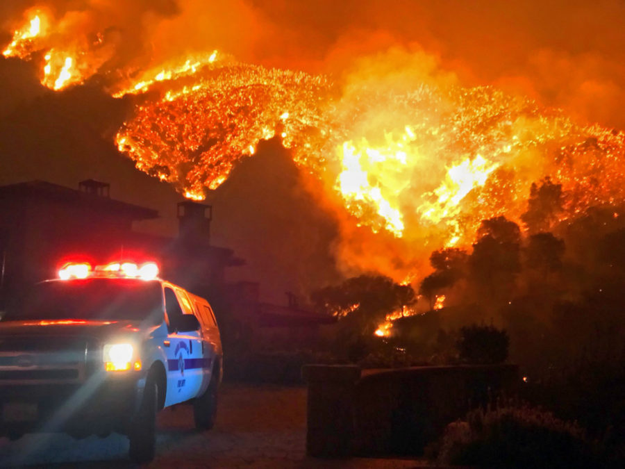 Thomas Fire burns canyons and ridges above Bella Vista Drive near Romero Canyon; photo provided by scpr.org