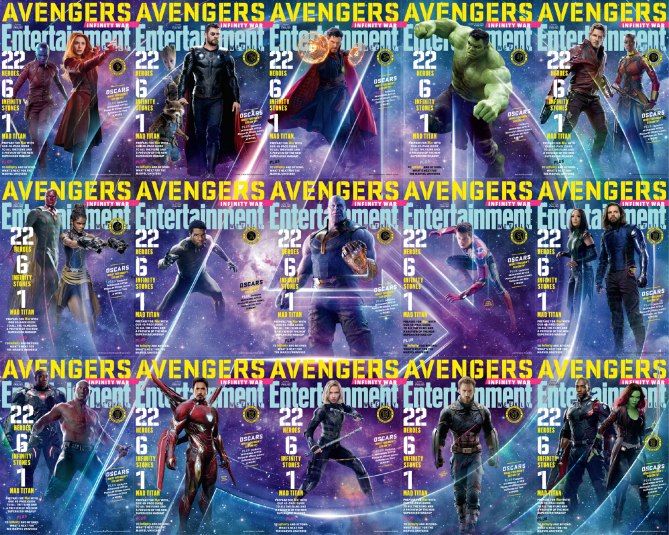 Provided by: ohmy.disney.com

The 15 covers of Entertainment Weekly, featuring the cast of the new marvel movie Infinity War, put together to create the Avengers logo in the background. 