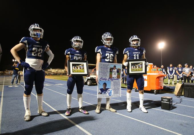 Cam+High+honored+Cody+Coffman%2C+a+2015+graduate+of+Cam+High%2C+and+victims+of+the+Thousand+Oaks+mass+shooting+during+the+CIF+Football+game+on+Friday+night.+