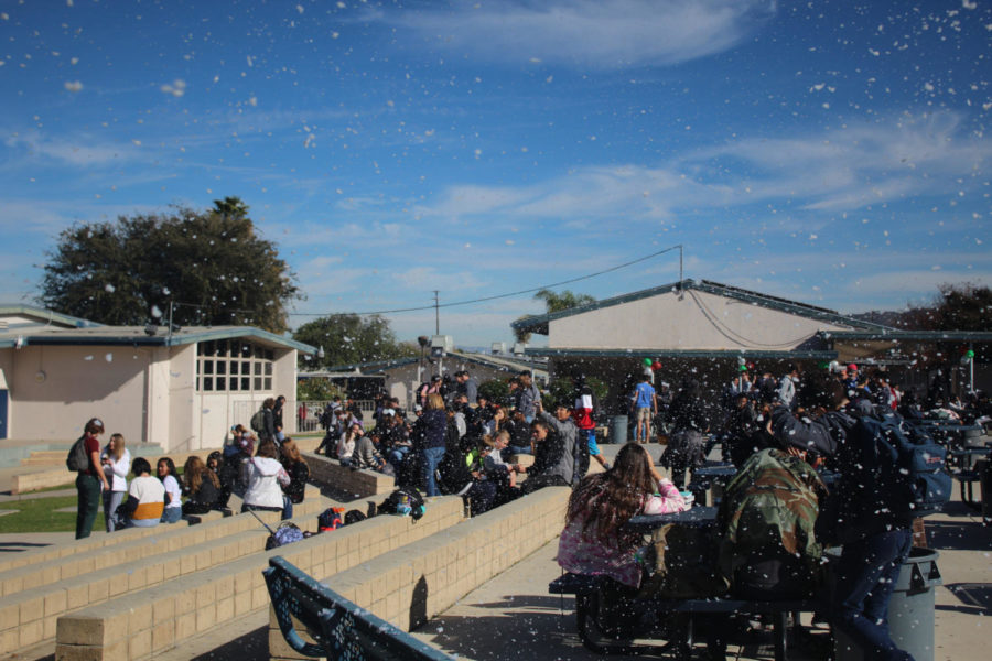 Snow falling at lunch on Dec. 20, 2018, in the quad at Cam High.