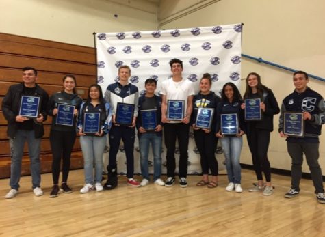 Winter Sports Awards, MVP recipients (from left) Adal Fernandez, Alyssa Marin, Gabrielle Jose, Andrew Wetter, Cesar Villegas, Jaime Jaquez Jr., Kylie Tuimaualuga, Victoria Gonzalez, Gabriela Jaquez, and Jake Paredes.