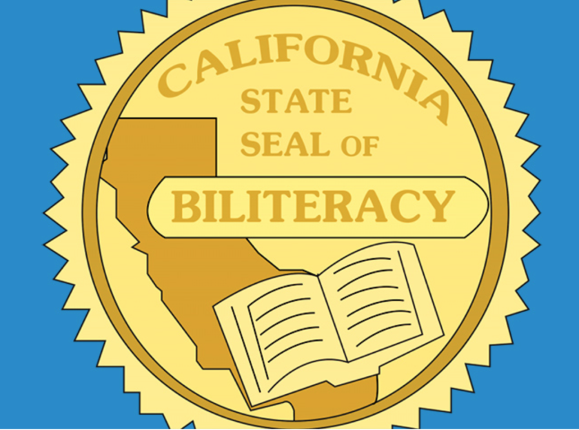 A seal reading California State Seal of Biliteracy with a map of California and a book over it.